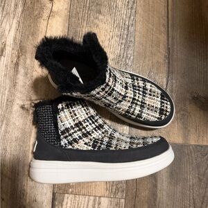 Hey Dude Black and White Tweed Slip-On Shoes